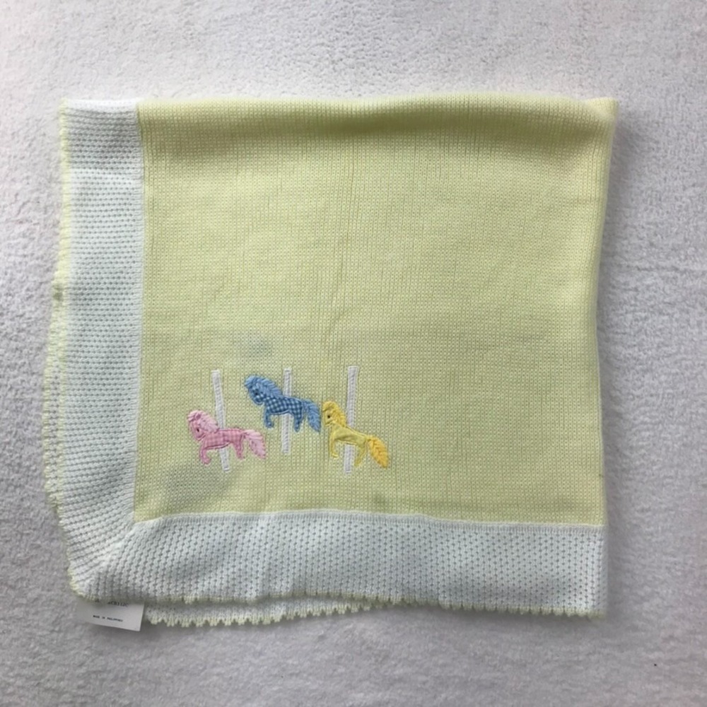 Vintage Baby Blanket Yellow Carousel Horses 36x36 Acrylic Knit Pride N Joy NEW